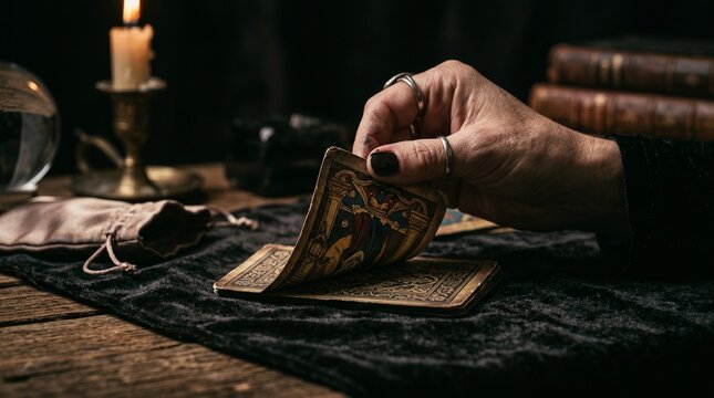 Fortune teller hand turning tarot card on velvet table