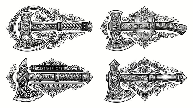 Set of Decorative Tomahawk Vector Emblems with Viking Ornaments and Filigree Shields