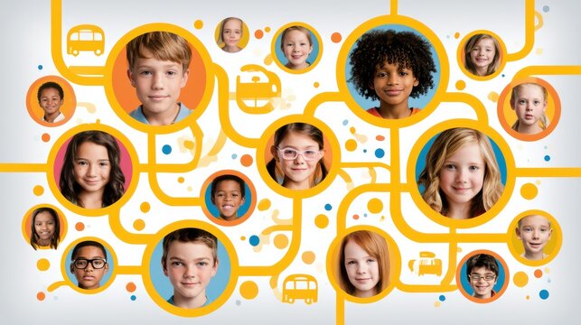 Diverse children interconnected by colorful lines and circles, symbolizing communication and community.