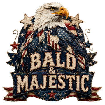 Bald Eagle with Open Wings Patriotic American Flag Banner in Vintage Stitched Patch Style