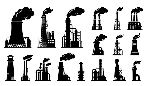 Industrial Chimney Silhouette Vector Set with Factory Smokestacks and Environmental Pollution Elements