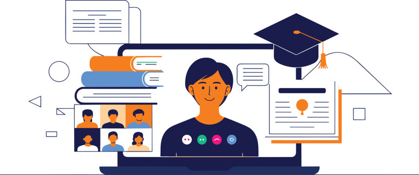 Laptop screen showing online education, student, books, and graduation cap