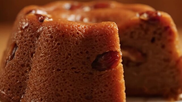 Extreme close-up of a delicious sticky toffee pudding cake with rich glaze and embedded dates, showcasing the moist texture and golden crust in appetizing food photography.