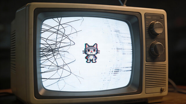 Old TV with pixel cat on screen symbolizing the cutting-edge of futuristic design