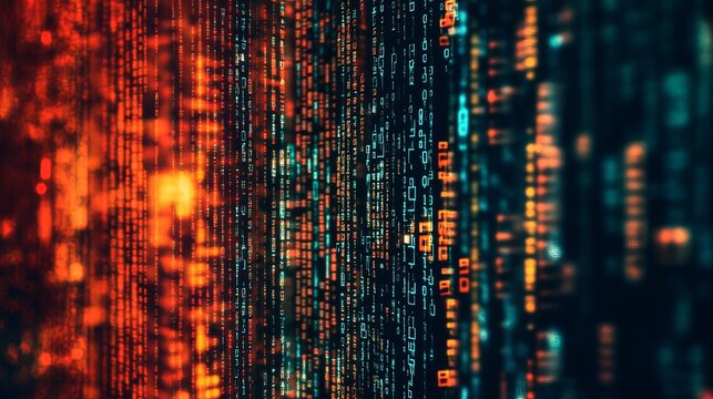Abstract digital background featuring glowing binary code strings in vibrant orange and deep blue tones