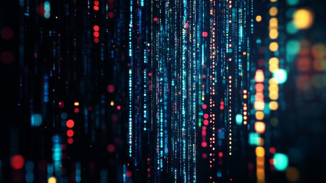 Glowing vertical digital data streams of vibrant blue and orange light dots on dark background