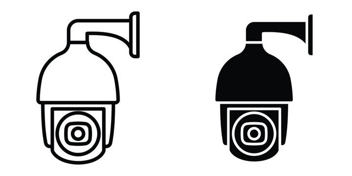 Dome cctv camera icon set in outlined drawings with flat version.