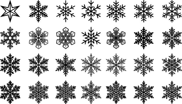 Intricate Snowflake Icon Collection Featuring Unique Winter Crystal Patterns, Frost Designs and Seasonal Decorative Elements