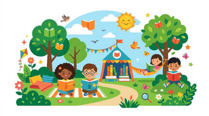 Obraz premium Flat lay illustration of diverse children enjoying reading books outdoors in a sunny park with a tent and trees, conveying a joyful and educational mood