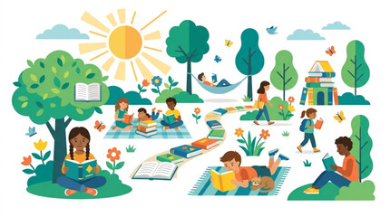 Fototapeta premium Diverse children enjoying reading books outdoors in a park setting with vibrant green trees, flowers, and a sunny sky, conveying a joyful and educational atmosphere