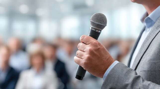 Speaker holding microphone addressing audience in a conference hall
