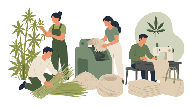 Hemp Plant Harvesting and Fiber Processing Scene with Workers.