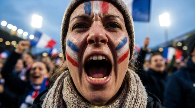 Close-up of a passionate French fan cheering with face paint and flag at a sporting event
