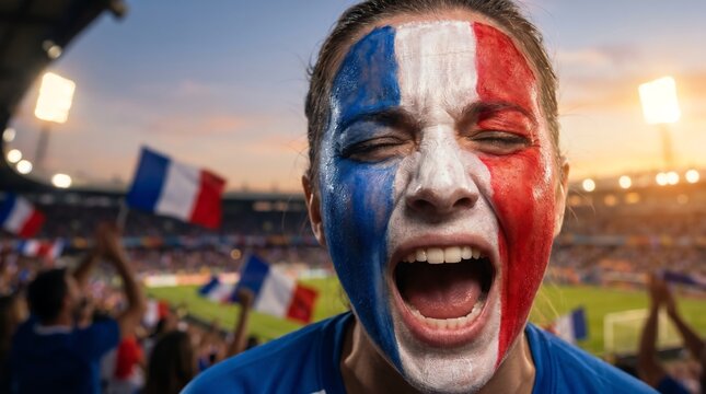 Excited French fan with face painted in national colors screams in support at a stadium full of cheering supporters
