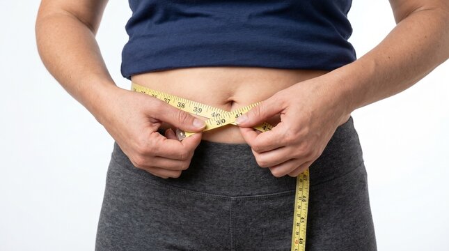 Close-Up of Waist Circumference Measurement with Measuring Tape, Weight Loss and Healthy Lifestyle Concept