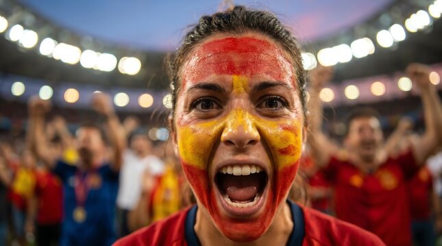 Passionate female football fan with painted face cheering loudly at a stadium during a match