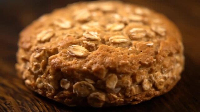 Close-up macro shot of a rustic golden brown oat scone or oatmeal biscuit on a dark wood table, highlighting the crunchy texture and wholesome baked good appearance.