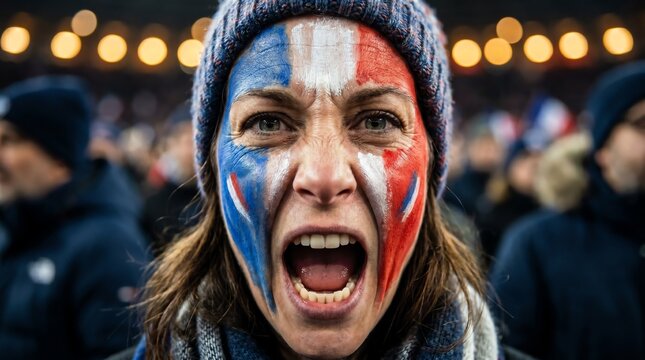 Passionate French supporter with face paint cheering during a sporting event