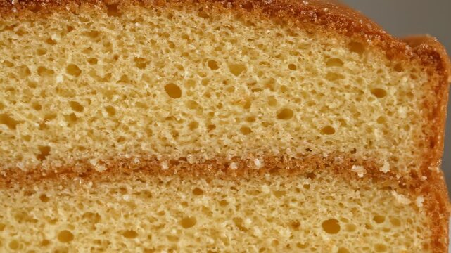 Extreme close-up of a slice of fluffy sponge cake dusted with powdered sugar, showing the soft, porous texture and inner layers of the golden-brown dessert