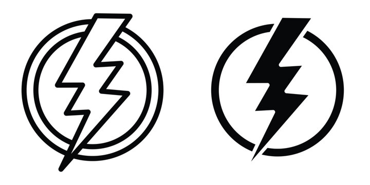 Flash icon set in outlined drawings with flat version.