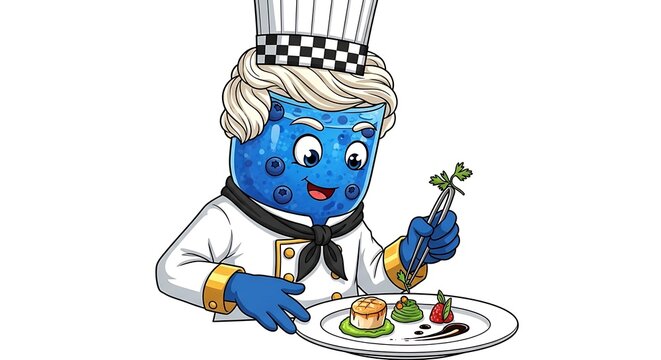 Blue robot chef preparing meal in kitchen.