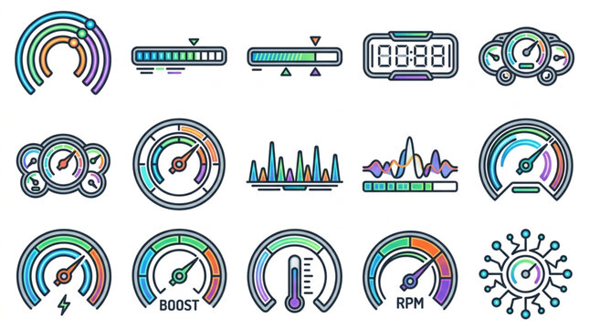 Collection of Colorful Vehicle Dashboard and Gauge Icons