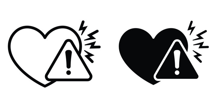 Heart attack icon set in outlined drawings with flat version.