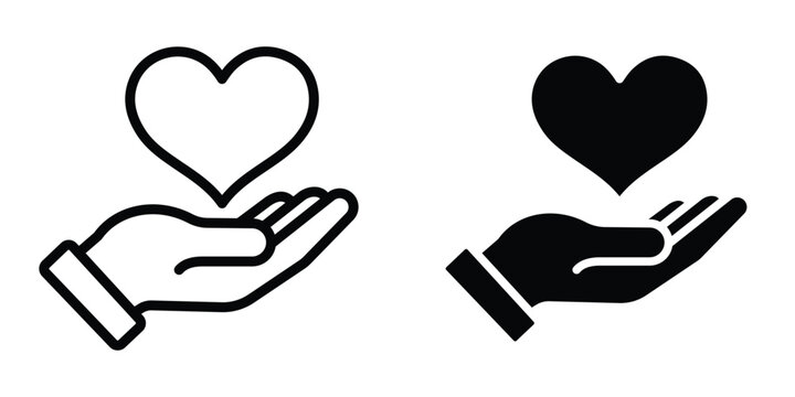Heart in hand icon set in outlined drawings with flat version.