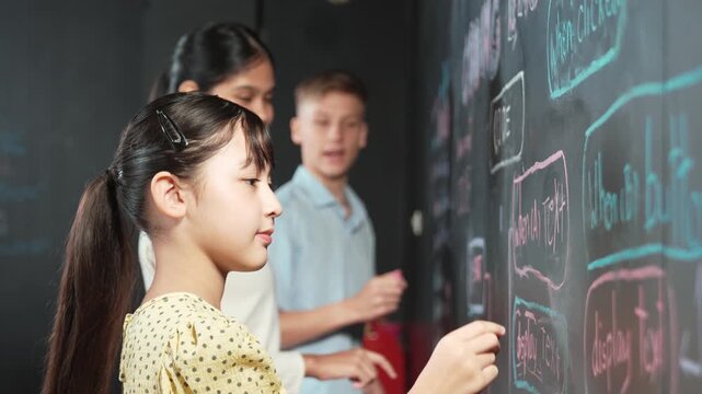 Multicultural smart student writing engineering code with site view. Diverse children planning creative idea or coding system. Cute asian girl using blackboard to explain develop plan. Edification