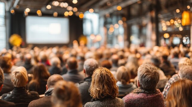 Many people sitting in a large room watching a presentation
