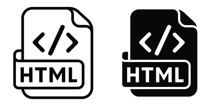 HTML script icon set in outlined drawings with flat version.