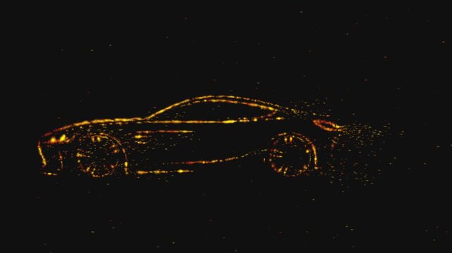 abstract sports car silhouette forming from red fire particles with speed disintegration effect on black background for automotive technology motion graphics