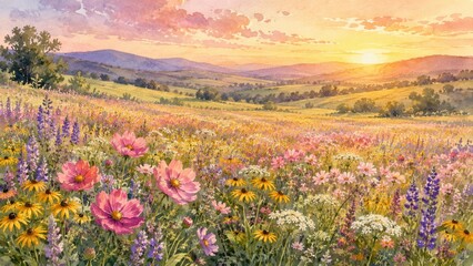 Obraz premium Colorful Wildflower Field Under a Sunset Sky in a Serene Landscape Setting