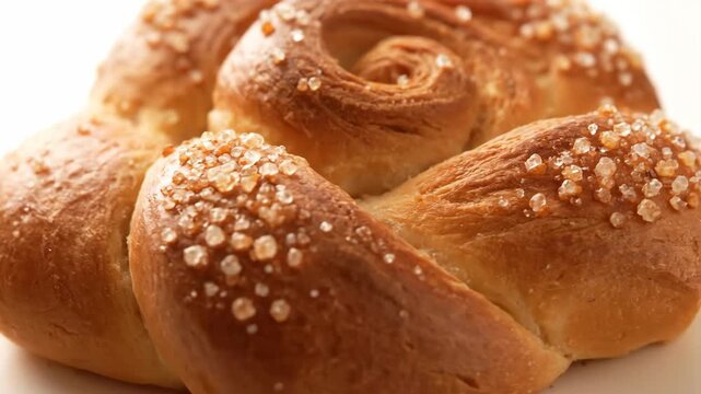 Delicious braided sweet bread loaf topped with crunchy coarse sugar crystals, close-up food photography detail of fresh baked golden brown pastry.
