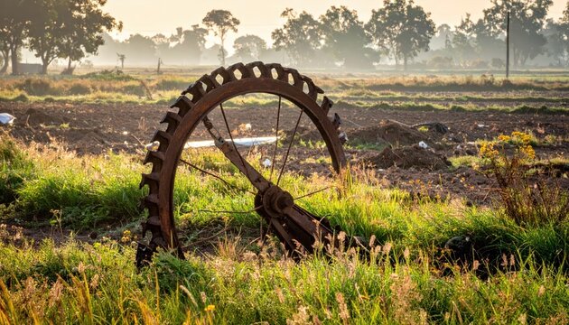 Rusty abandoned plow share twisted into the earth in a field, a symbol of interrupted peace and agricultural history