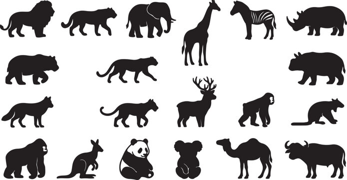 Set of wild animals, simple flat black silhouettes, vector illustration for your design.