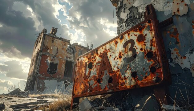 Rusted bullet pocked metal sign with illegible markings leaning precariously against abandoned building ruins under a dramatic sky