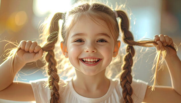 Girl laughing while playfully pulling her own pigtails towards the camera in a photorealistic closeup with sharp focus on hair texture generative AI