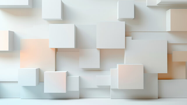 Floating geometric cube pattern in soft neutral tones with subtle warm lighting and modern minimal depth, calm abstract architectural composition