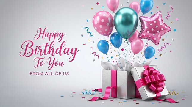 Happy birthday wishes with colorful balloons and gifts