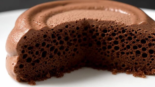 Gourmet chocolate mousse cake dessert close-up on white plate. rich, airy, and decadent dark cocoa pastry with swirled texture.