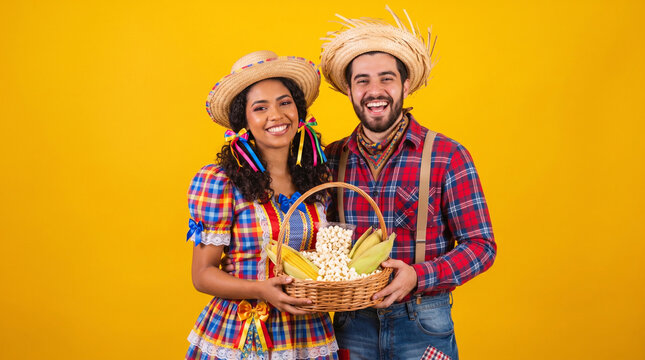 Brazilian Couple in Caipira Costumes Celebrating Festa Junina