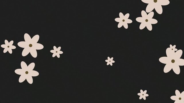 Minimalist cream flower shapes floating on black background simple motion graphic video clip.