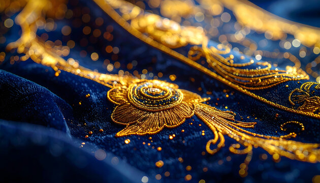 Gold thread embroidery on navy blue velvet with tiny sequins catching light creates a royal aesthetic with rich textures and detail generative AI