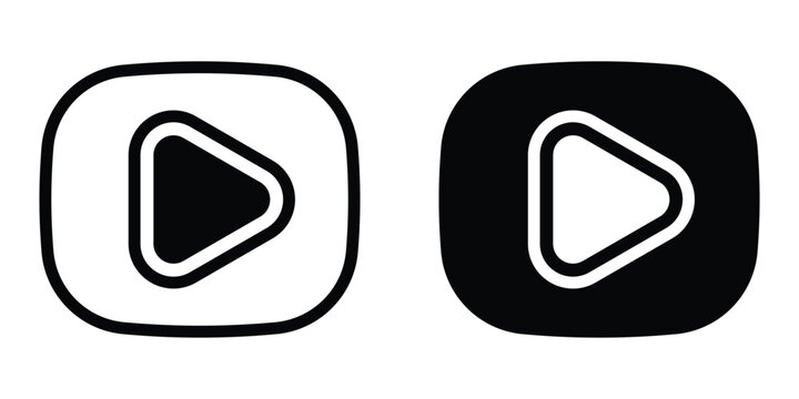 Media play button icon set in outlined drawings with flat version.