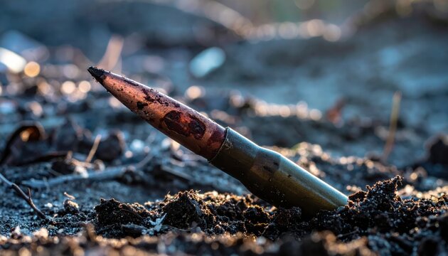 Rusted rifle bayonet tip stained and plunged into soft damp earth, a weathered relic of conflict