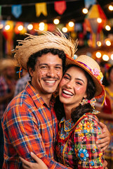 Obraz premium Happy Brazilian Couple in Traditional Costume Celebrating Festa Junina
