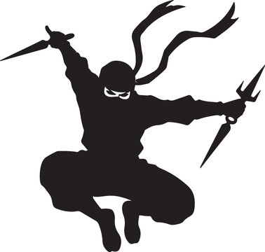 Silhouette of a ninja warrior in mid-air attack, wielding twin sai and a kunai dagger, ready for combat