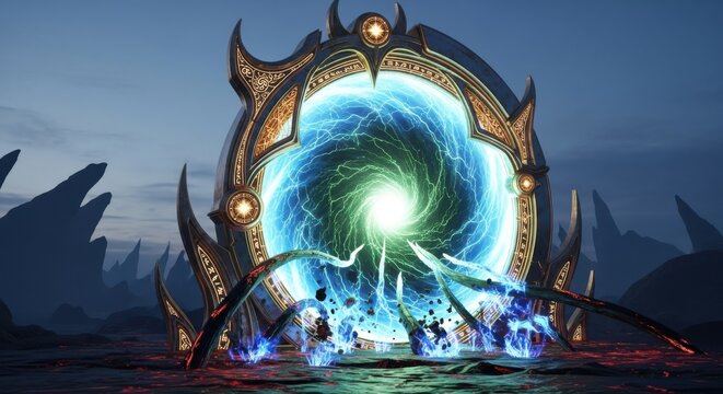 Mysterious glowing portal opens in a dark alien landscape with ethereal figures
