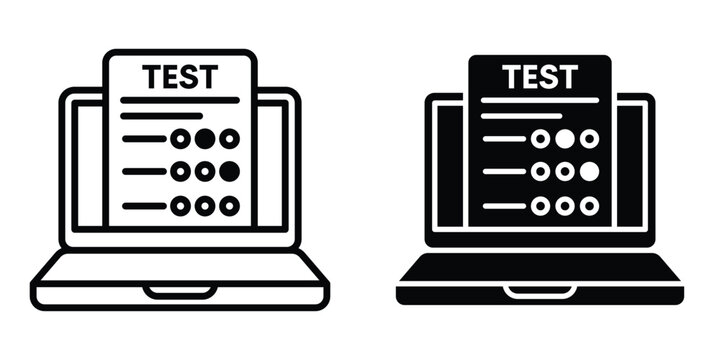 Online exam test icon set in outlined drawings with flat version.